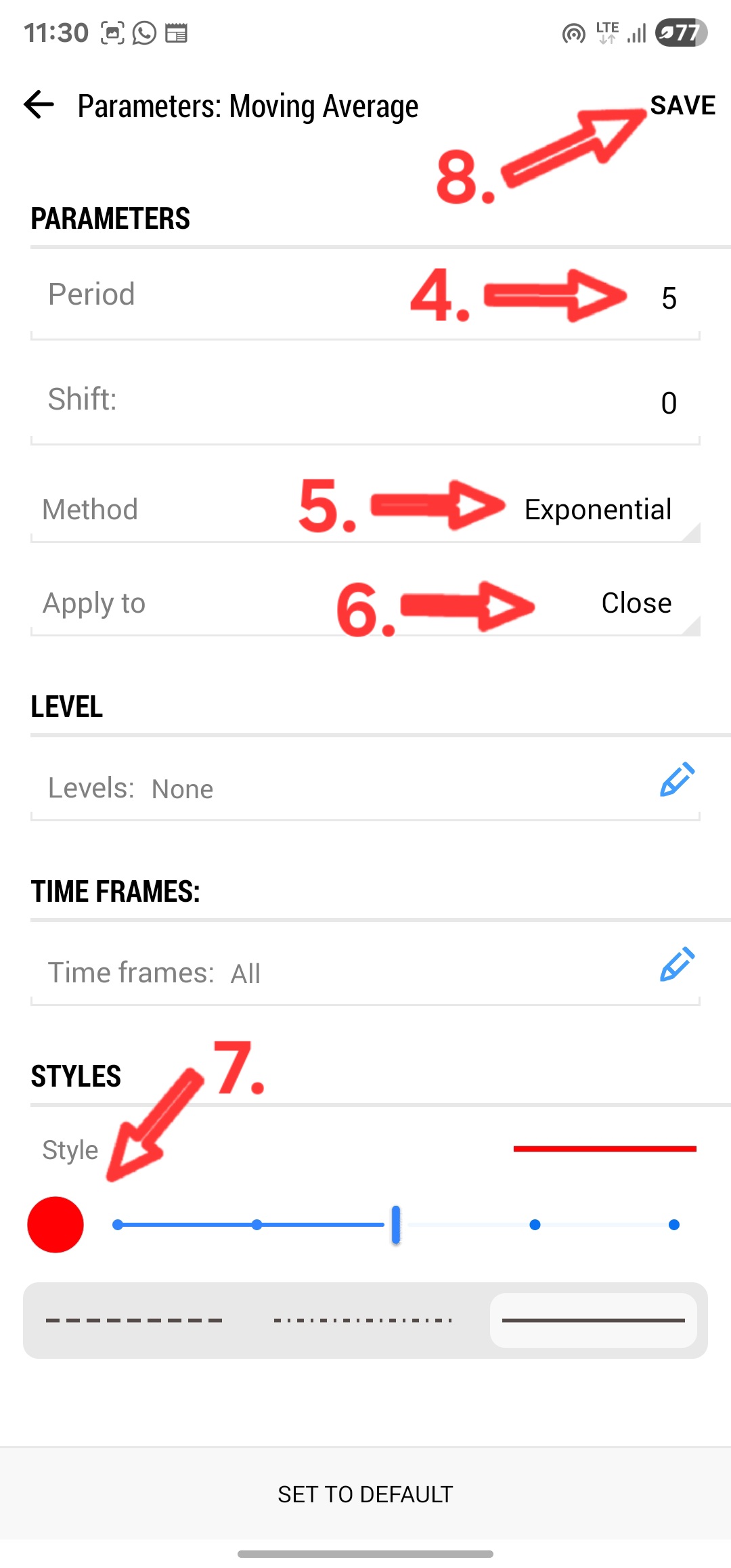 Setting Period, Method, Apply to, Style color, and tapping Save