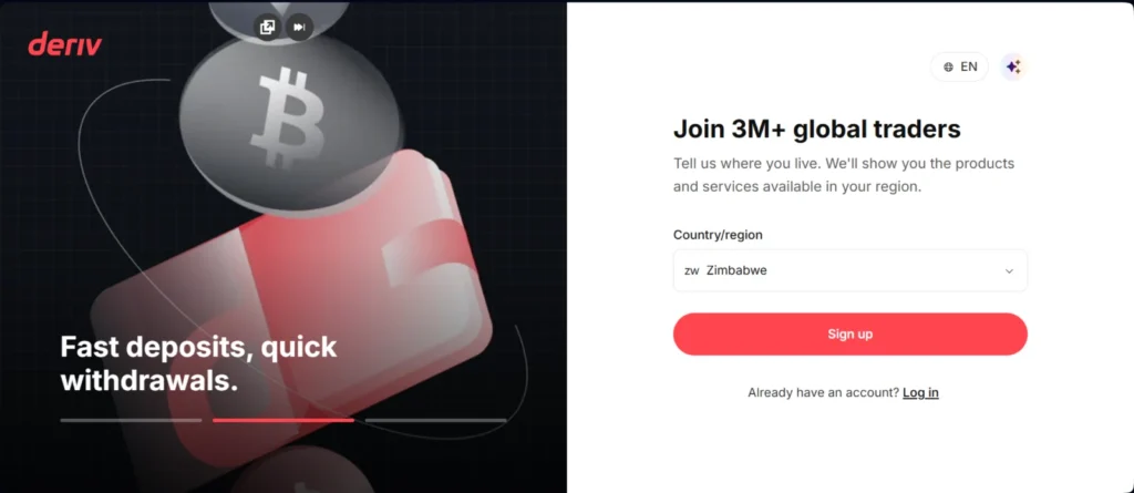 Deriv sign up page asking you to choose your country or region