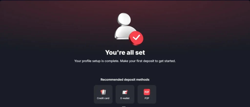 Deriv you are all set screen showing recommended deposit methods: credit card, e wallet and P2P