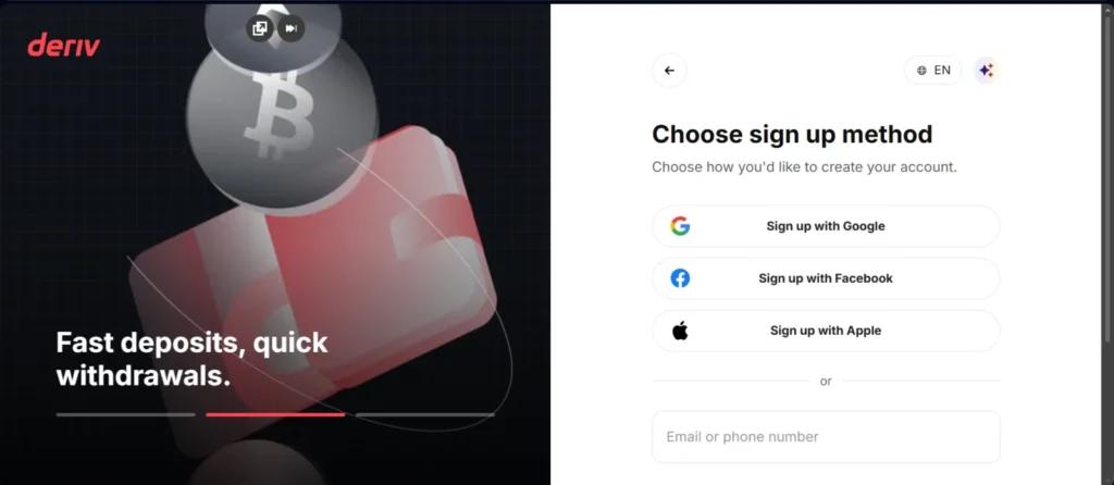 Deriv choose sign up method screen with Google, Facebook, Apple and email or phone options