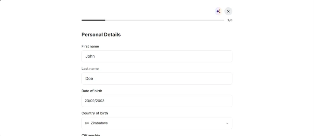 Deriv personal details form asking for first name, last name, date of birth and country of birth