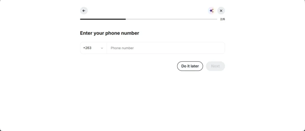 Deriv screen asking you to enter your phone number with a Do it later option