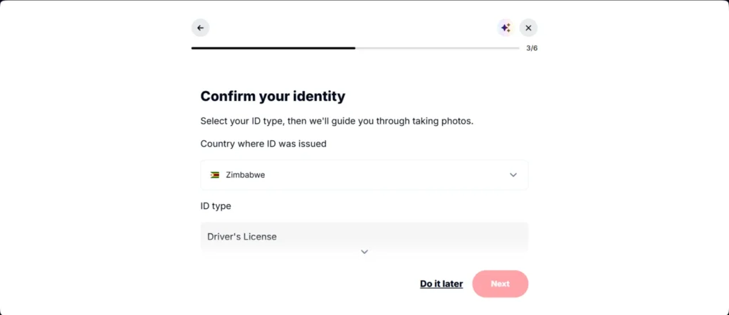 Deriv confirm your identity screen asking for the ID issuing country and ID type