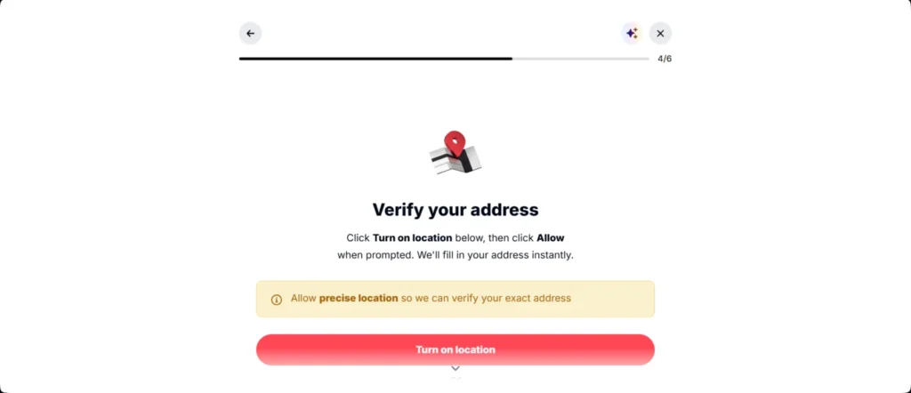 Deriv verify your address screen with a Turn on location button