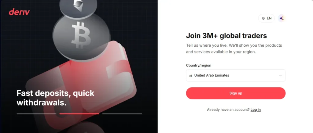 Deriv UAE സൈൻ അപ്പ്: United Arab Emirates തിരഞ്ഞെടുത്ത് Sign up ടാപ്പ് ചെയ്യുക.