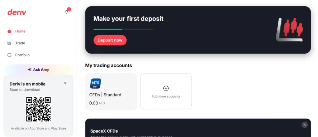 Deriv UAE സൈൻ അപ്പ്: AED യിലുള്ള MT5 Standard CFDs അക്കൗണ്ടുള്ള നിങ്ങളുടെ ഡാഷ്ബോർഡ്.
