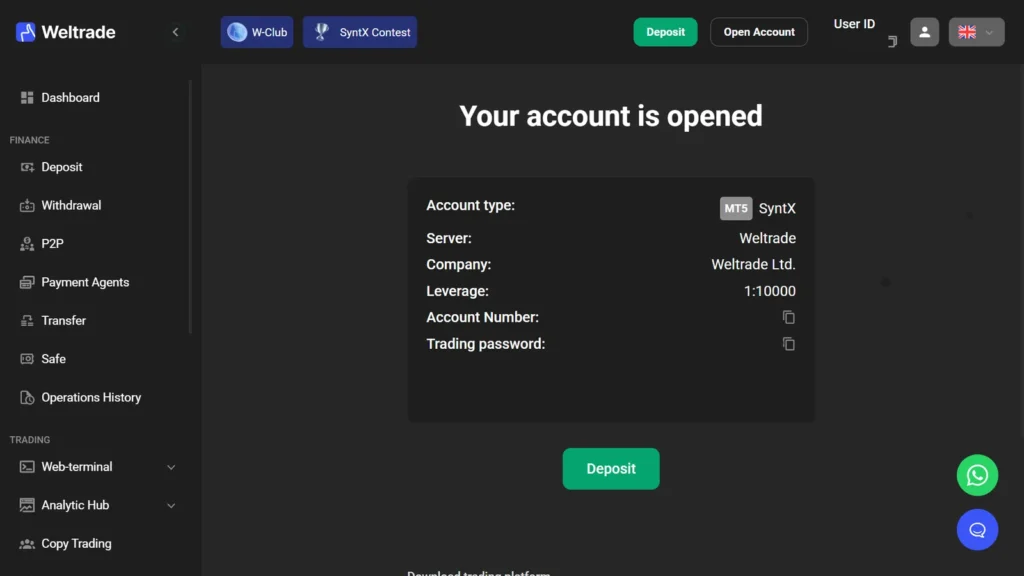 Weltrade Your account is opened screen showing MT5 SyntX account type, server, leverage, account number and trading password
