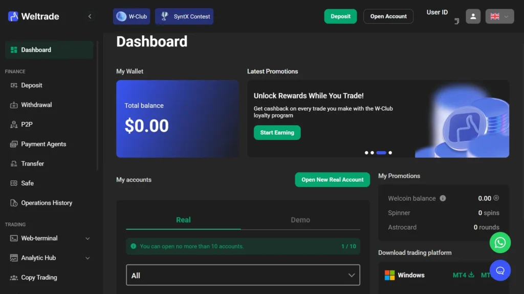 Weltrade dashboard with total balance, My accounts and the Open New Real Account button