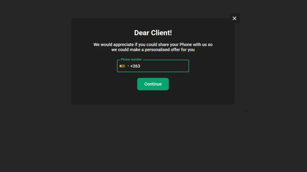 Weltrade Dear Client pop up asking for your phone number with a Continue button