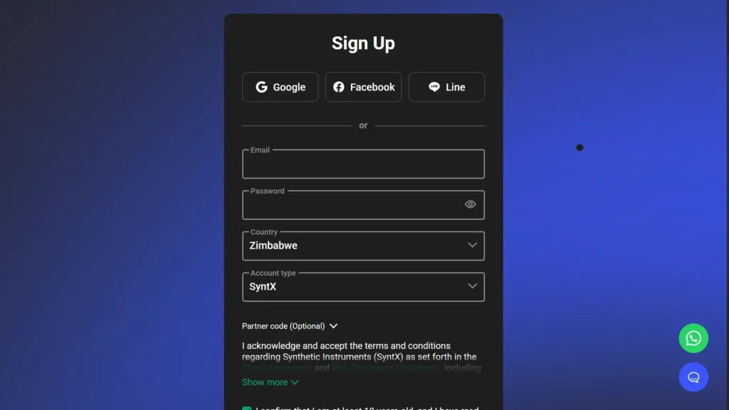 Weltrade Sign Up form with email, password, country and account type fields